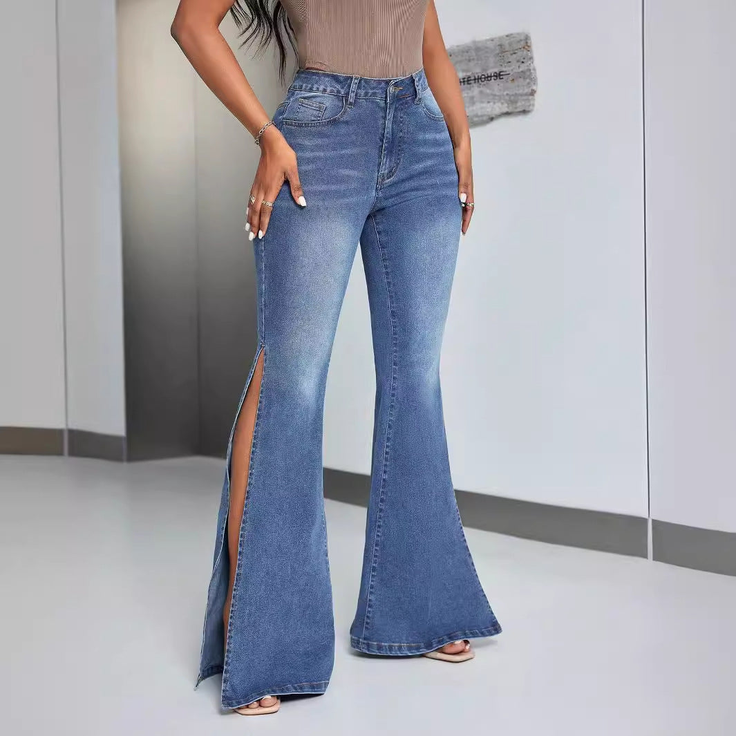 Women Clothing Bell Bottom Pants Split High Waist Slimming High Elastic Jeans