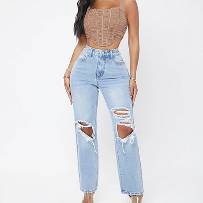 Jeans for Women Spring Summer Ripped Washed High Waist Loose Wide Leg Pants