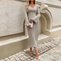 Autumn Winter Women Clothing Waist Controlled V Neck Long Sleeve Narrow Dress