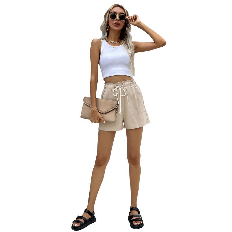 Summer Cotton Loose Drawstring Cotton Linen Casual Wide-Leg Shorts Women