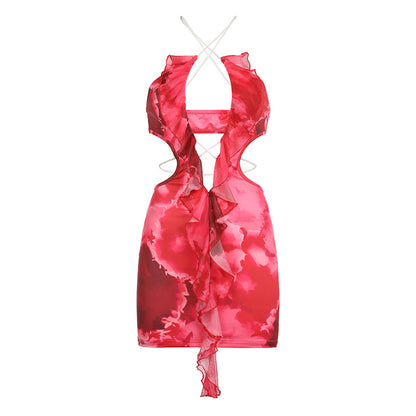 Summer Vacation Ruffled Ribbon Small Floral Print Hollow Out Cutout Sexy Halter Spaghetti Straps Dress