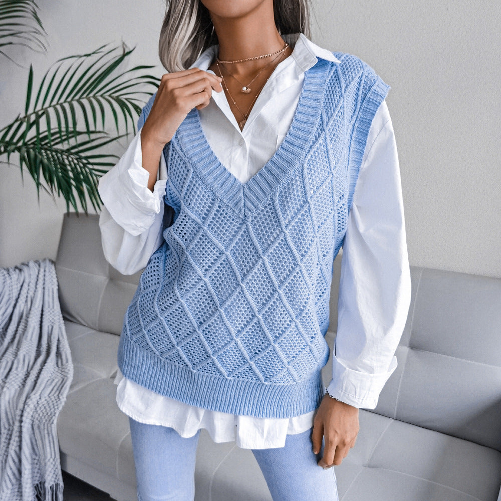 Real shot autumn winter v-neck rhombus Hollow Out Cutout casual knitted sweater vest women clothing