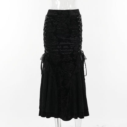 Autumn Elegant Sexy Dark Jacquard Lace Stitching Fishtail Skirt for Women