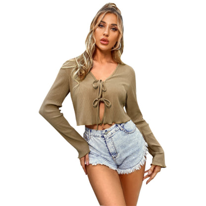 Fall Women Clothing Sexy Cardigan Bow Bandage Short High Elastic Long Sleeve Top