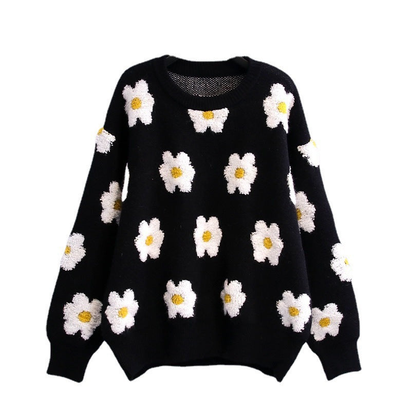 Autumn Winter Casual Little Daisy Embroidered Black White Contrast Color round Neck Long Sleeved Pullover