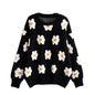 Autumn Winter Casual Little Daisy Embroidered Black White Contrast Color round Neck Long Sleeved Pullover