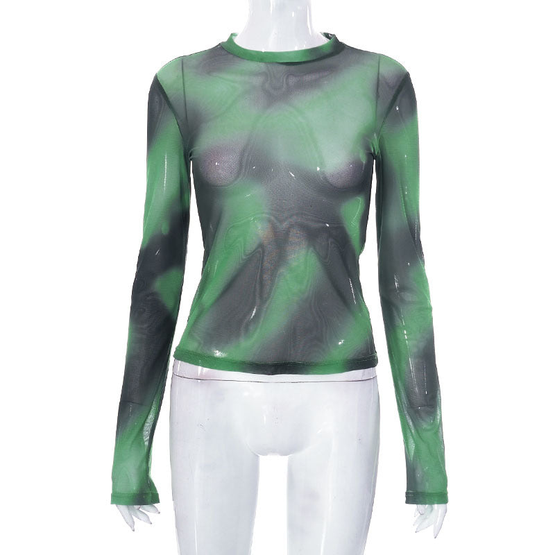 Sweet Cool Gradient Halo Tie Dyed Mesh Floral Print Micro Transparent Off Shoulder Slim Long Sleeve Top Women