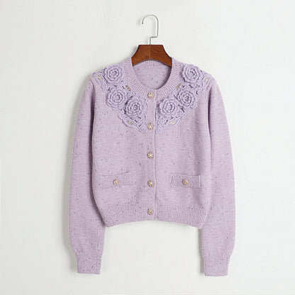 Hand Crochet Three Dimensional Floral Round Neck Cardigan Early Spring Gentle Single Breasted Sweater