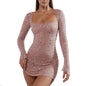 Best Women Clothes Sequined Rhinestone Sexy Semi See through Long Sleeve Short Dress