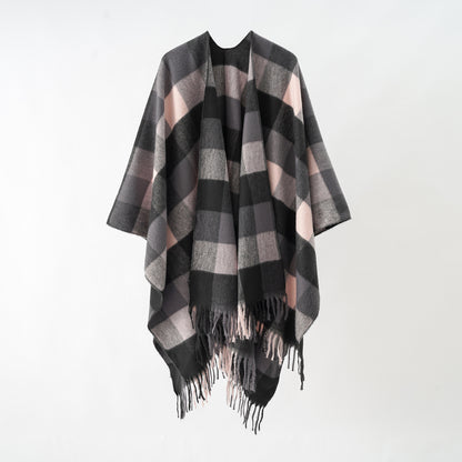 Classics Split Plaid Shawl Tassel Autumn Winter Thickening Cashmere Cloak