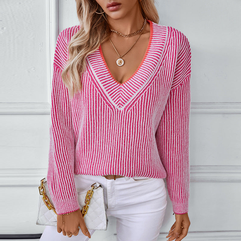 V neck Striped Sweaters Women Clothing Autumn Winter Casual Pullover Loose Sweater