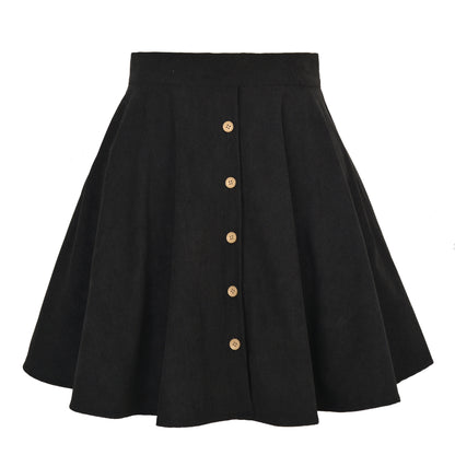 Women  Solid Color Corduroy Fall Winter Skirt Sweet Single Row Button High Waist Umbrella Skirt for Women