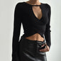 Autumn Women Clothing Sexy Sexy Hollow Out Cutout Knitted Threaded Long Sleeve Cropped Top