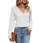 Fall Women Clothing V-neck Golden Lace Solid Color Hole Long Sleeve T-shirt