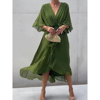 Women Clothing Solid Color Tied Maxi Dress Batwing Sleeve Irregular Asymmetric Dress