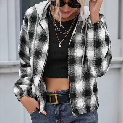 Plaid Shirt Loose Long Sleeve Casual Zipper Hooded Jacket Coat Women