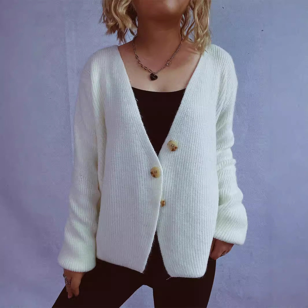 Solid Color V neck Slim Irregular Asymmetric Button Long Sleeve Knitted Cardigan Dinified Sweater Small Coat Jacket