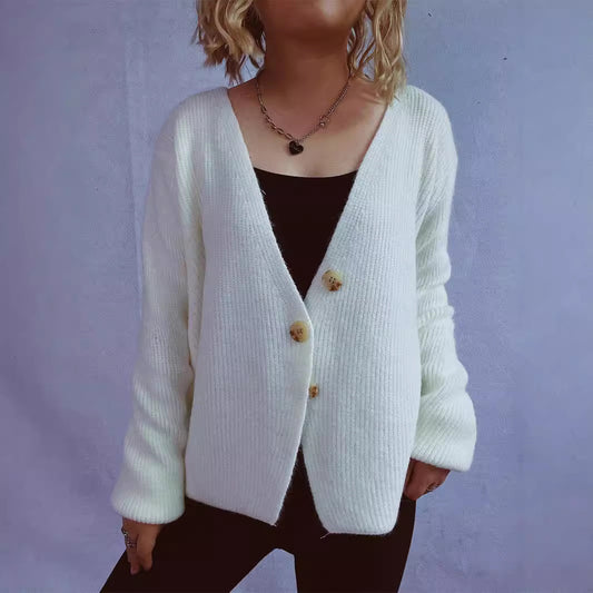 Solid Color V neck Slim Irregular Asymmetric Button Long Sleeve Knitted Cardigan Dinified Sweater Small Coat Jacket