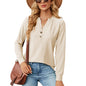 Autumn Winter Solid Color V neck Buttons Jacquard Loose Fitting Long Sleeved T shirt Top Women