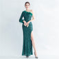 Craft Ostrich Feather Decorative Diagonal Shoulder Roman Collar Side Slit High End Evening Dress