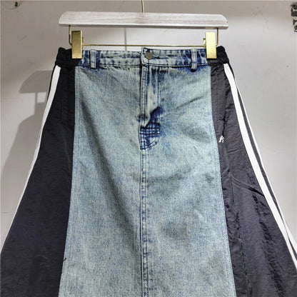 Cool Popular Brand Retro Sports Casual Patchwork Mid Length Denim Skirt Spring Half Length Skirt