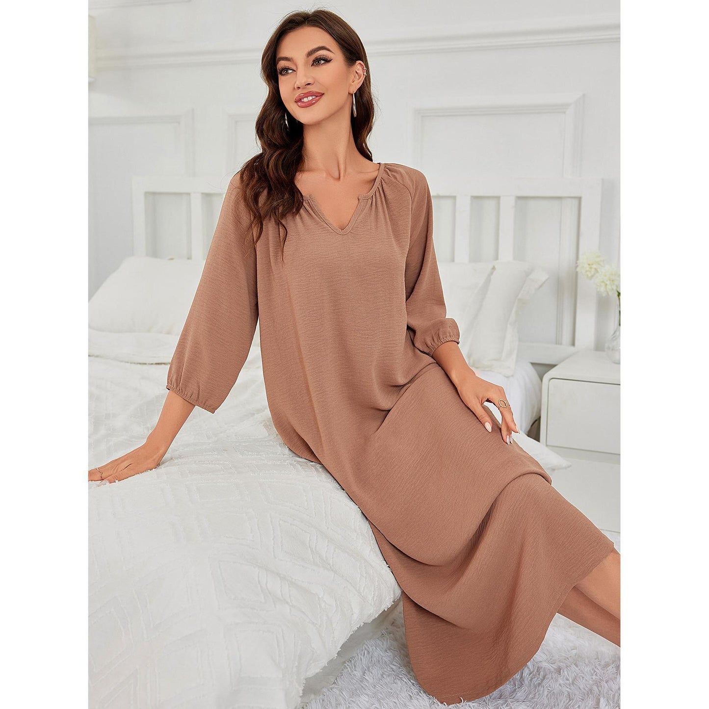 Ladies Homewear Simple Three Quarter Sleeve Maxi Dress Women