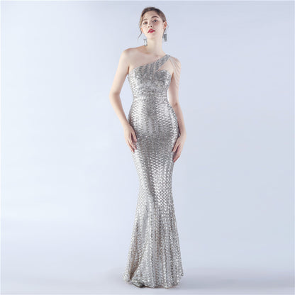 Magic Color Sequin Craft Beaded Shoulder Diagonal Collar High End Slim Fit Evening Dress