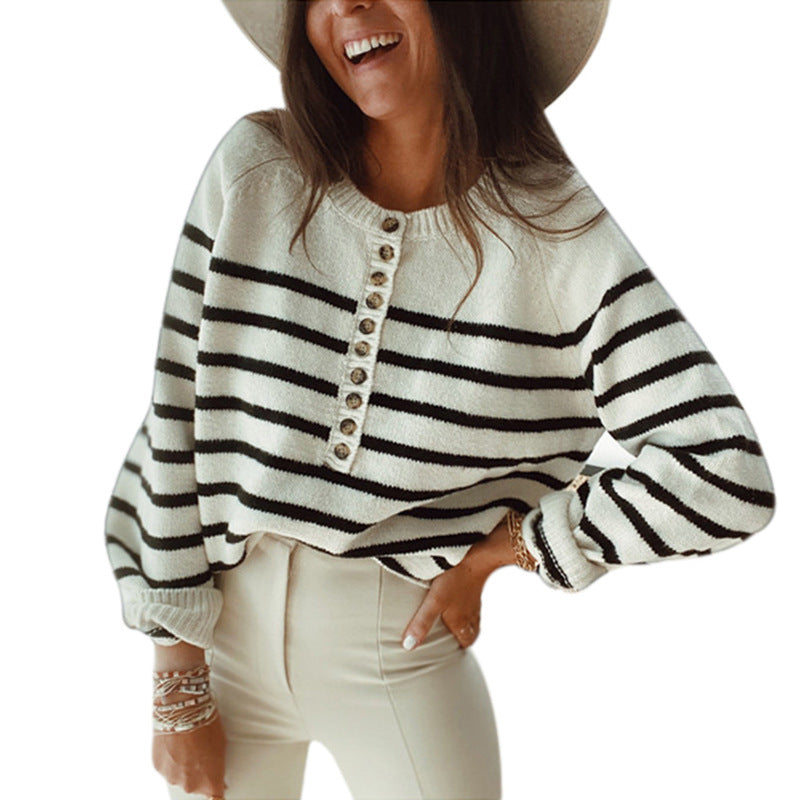 Knitwear Striped Pullover Top with Buttons for Women sweater