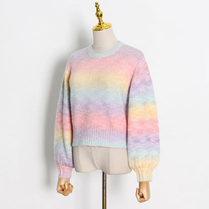 French Short Chic Idle Younger Knitwear Autumn Winter Gradient Rainbow Top Sweater