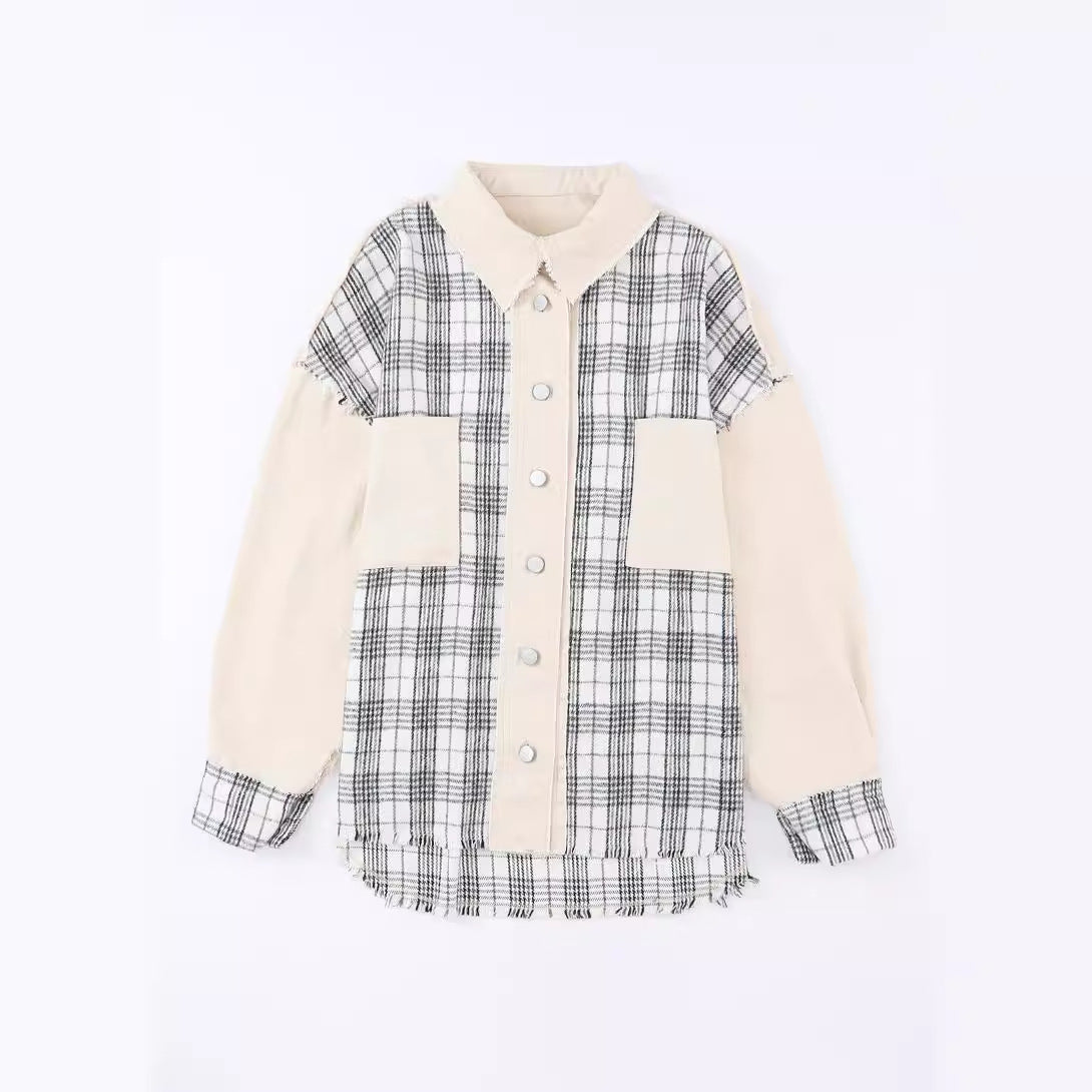 Plaid Long Sleeved Coat Women Autumn Loose Casual Frayed Women Jacket