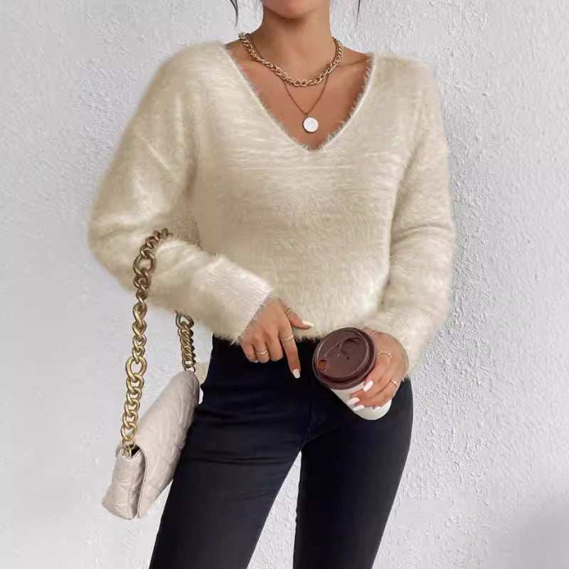 Autumn Winter Imitation Marten Pullover V neck Sweater Women Solid Color Long Sleeve Soft Knitted Top for Women