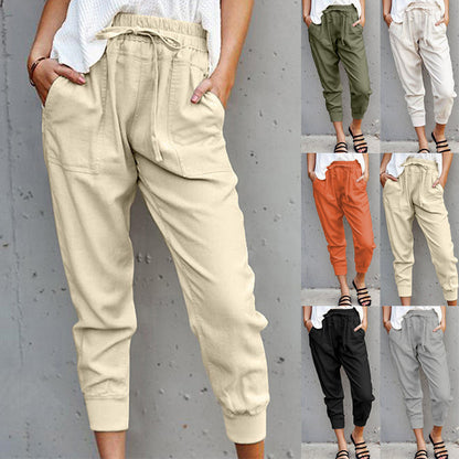 Cotton Linen Solid Color Simple Lace Casual Pants Women Slim Fit Slimming Cropped Skinny Pants