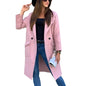 Autumn Winter Solid Color Long Sleeve Blazer Collar Button Pocket Woolen Coat Women