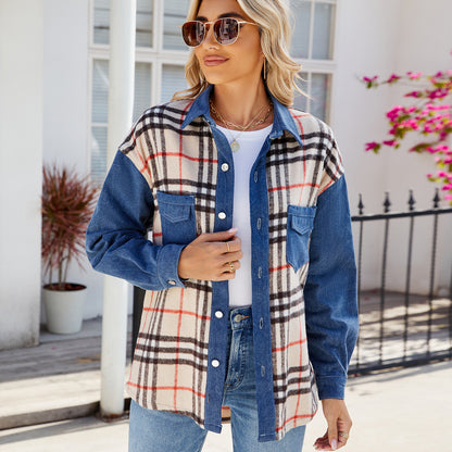 Women Clothing Washed Plaid Casual Denim Long Sleeve Coat Top