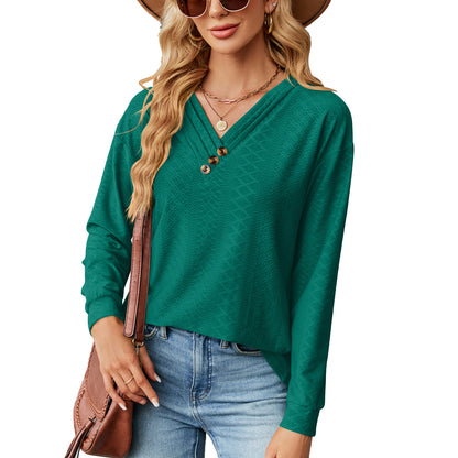 Autumn Winter Solid Color V-neck Button Loose Long-Sleeved T-shirt Top Women Clothing