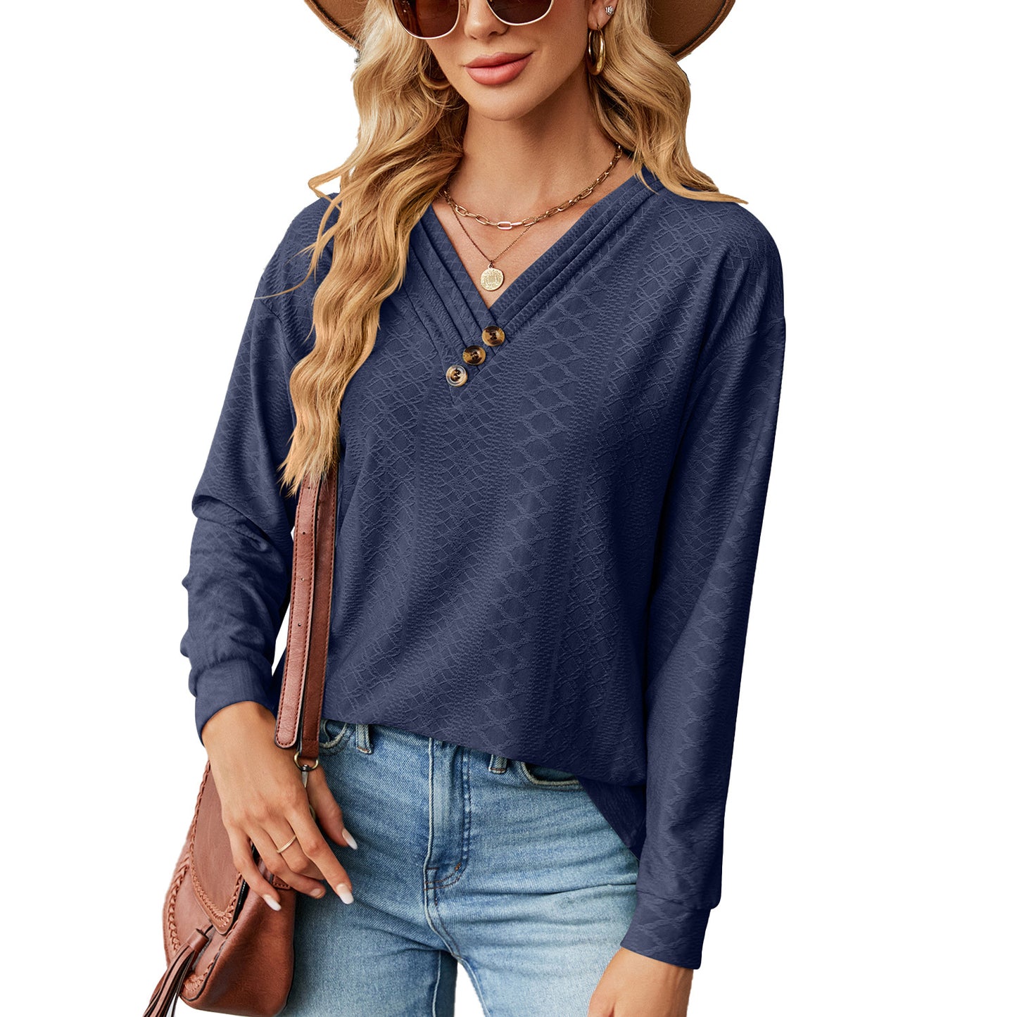 Autumn Winter Solid Color V-neck Button Loose Long-Sleeved T-shirt Top Women Clothing