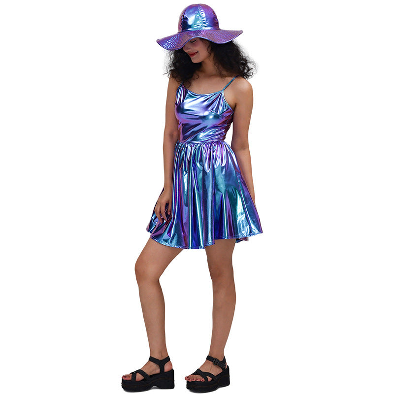 Sequin Sling Dress Bronzing Patent Leather Solid Color Sexy Pleated Dress Costumes Women