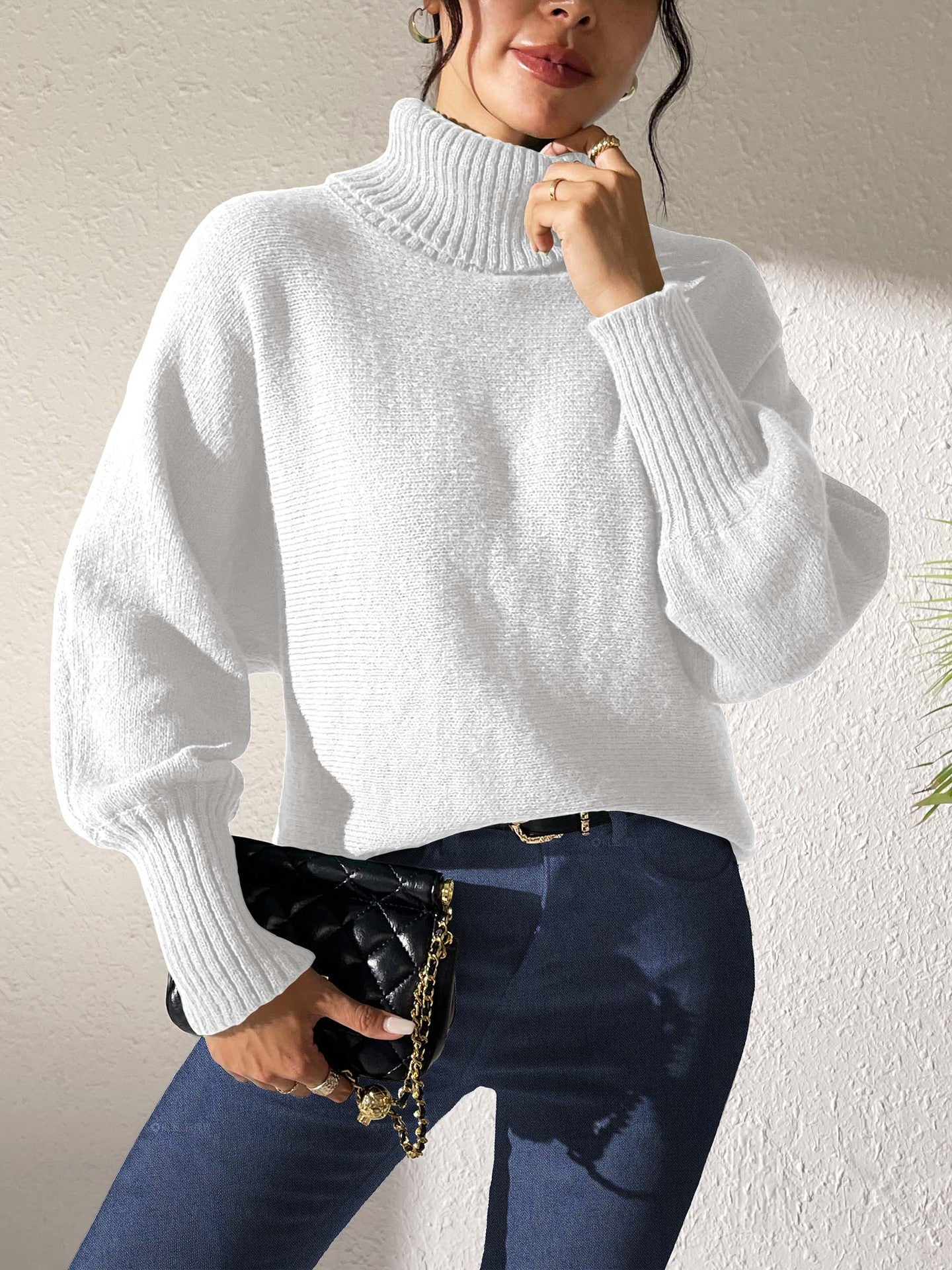 Women Base Shirt Autumn Winter Women Clothing Solid Color Simple Batwing Sleeve Top Turtleneck Collared Sweater