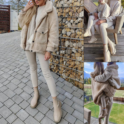 Winter Women Clothing Fashionable Warm Collared Long Sleeve Loose Plush Coat