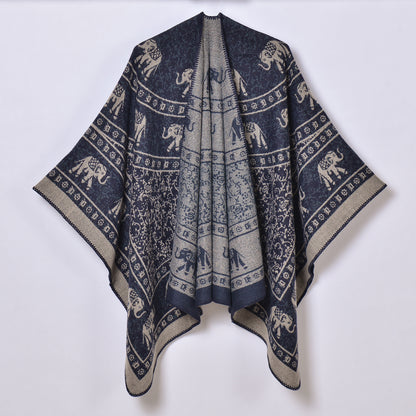 Retro Ethnic Thickened Warm Shawl Women Jacquard Split Cloak Knitted Outerwear