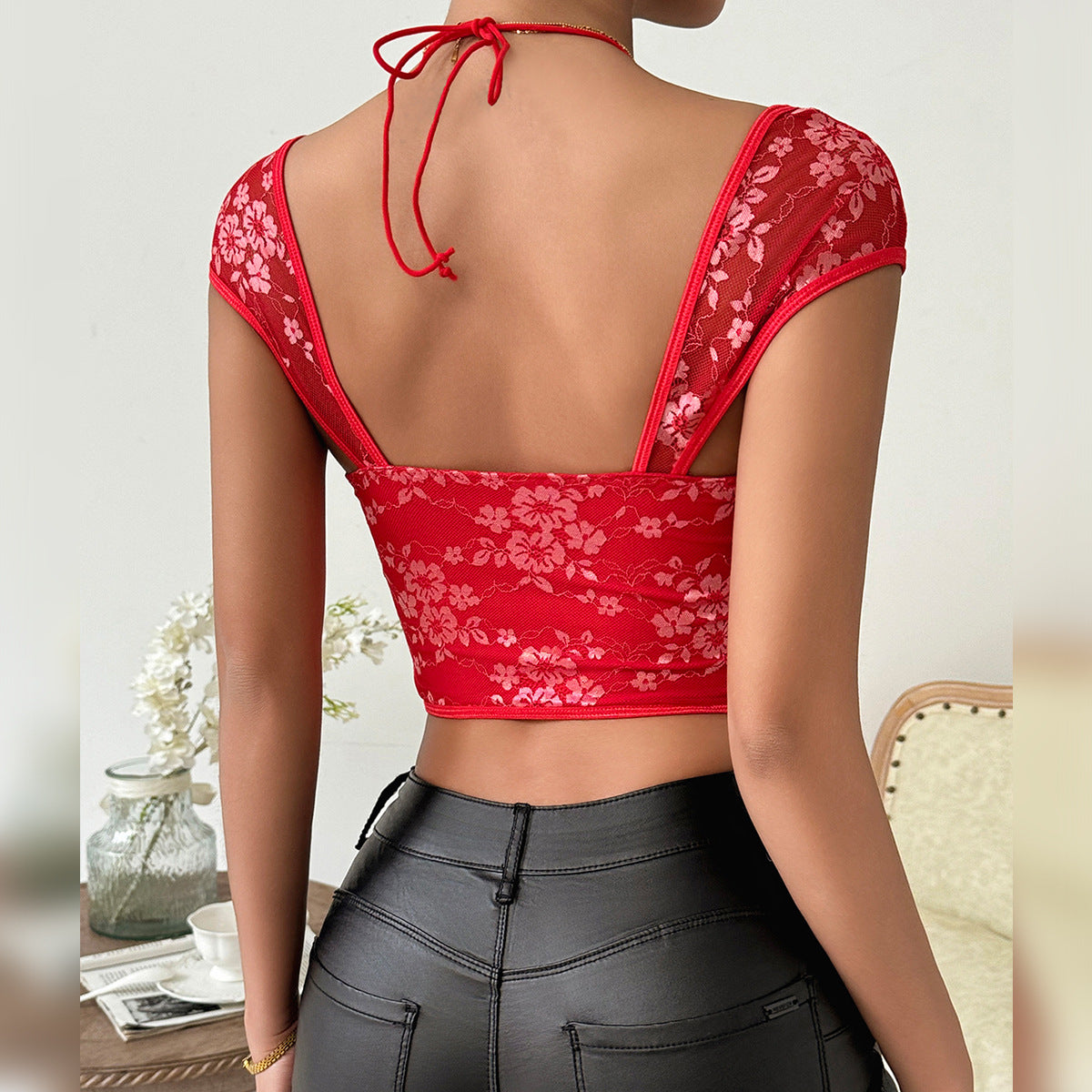 Sexy Floral Summer Design Lace up Slim Fit Sexy Boning Corset Short Top