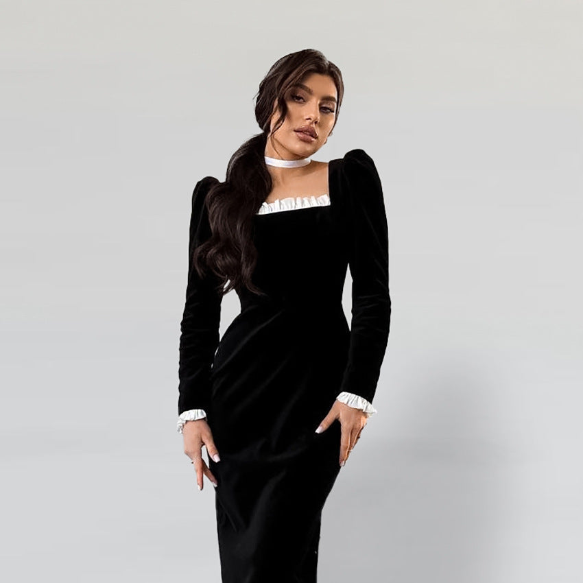 Autumn Black Sexy Slim Knit Korean Velvet Long Sleeve Split Contrasting Color Dress Office Short Dress