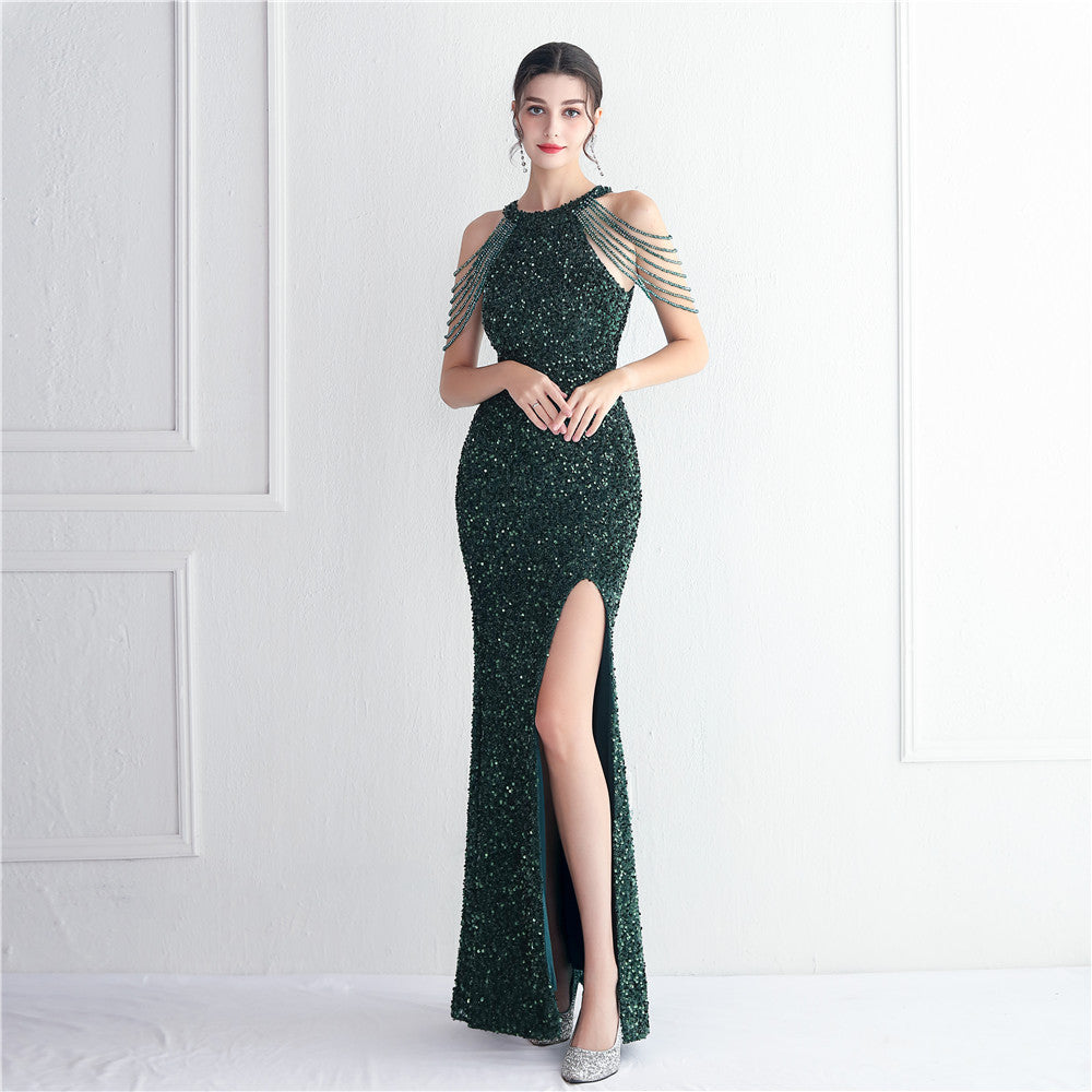 Heavy Industry Micro Glass Bead Craft Beaded Cocktail Evening Dress Elegant Long Halter Split Sequ