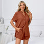 Spring Summer Solid Color V neck Loose Button T shirt Shorts Home Casual Suit