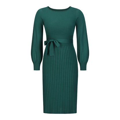 Women Autumn Winter Knitting Dress Slim-Fit Pleated Mid-Length Bottoming Sweater