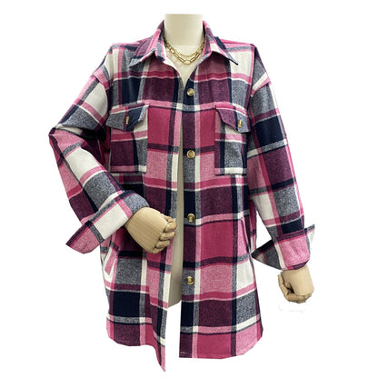 Popular Contrast Color Lapels Plaid Top Autumn Winter Casual Plaid Shacket