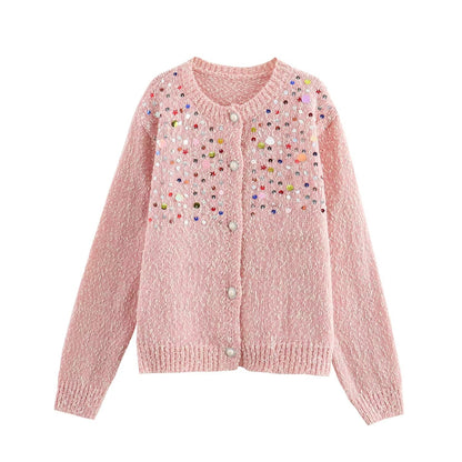 Fall Women Clothing Girl Color Sequ Knitted Sweater Cardigan Coat