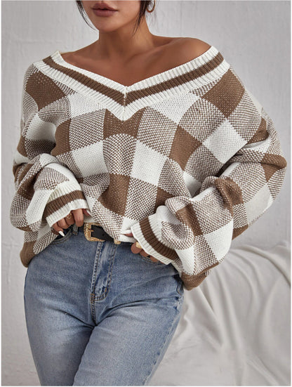 Women Clothing Autumn Winter V neck Sweater Casual Plaid Long Sleeve Sweater Sweater for Women