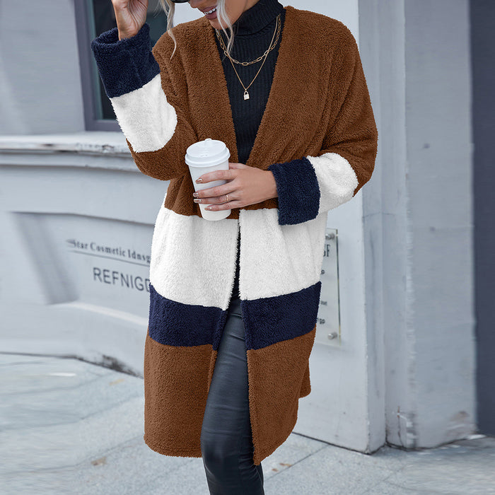 Double Sided Fur Colorblock Mid Length Cardigan Trench Coat Casual Plush Coat Women