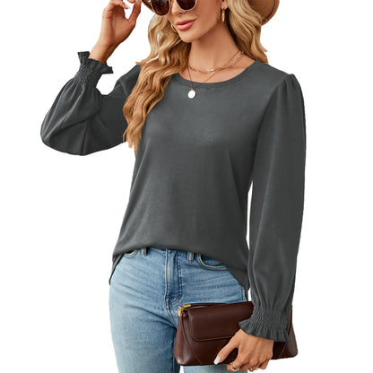 Autumn Winter Solid Color round Neck Loose Long Sleeved T shirt Top Women Clothing